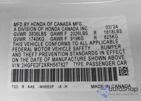 2024 Honda Civic Lx из США, поврежденный, VIN 2HGFE2F2XRH567827